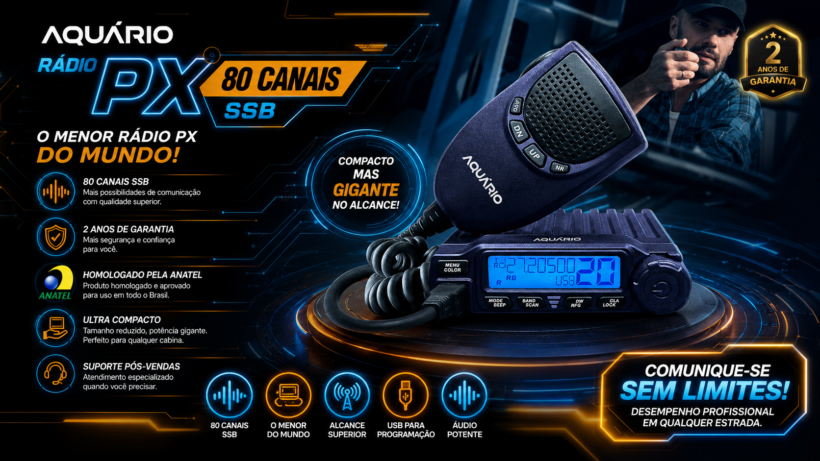 Menor Rádio PX do Mundo RP-70 80 Canais com SSB 15 Whats de Potência.